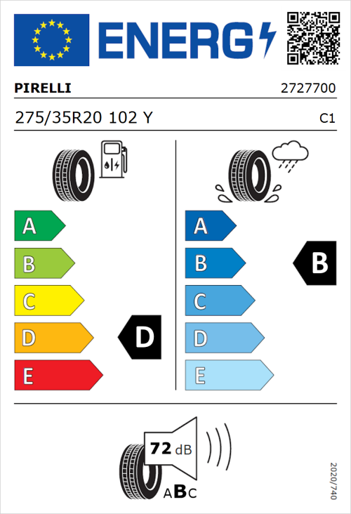 Tyre Label for Pirelli P Zero (PZ4) Sport Car 275/35R20 102Y