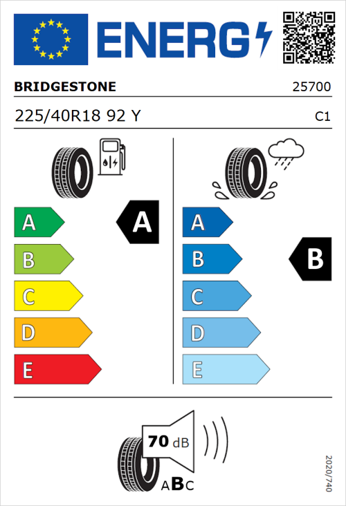 Tyre Label for Bridgestone Turanza T005 225/40R18 92Y