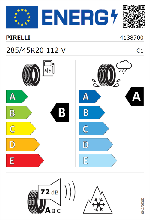 Tyre Label for Pirelli Scorpion Winter 2 285/45R20 112V